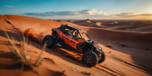 2 Hour Dune Buggy Dubai โ Sunset Red Dunes Self-Drive Adventure Powerful orange dune buggy climbing steep red sand dunes at sunset in Lahbab Desert Dubai with dramatic golden light and sand spraying from wheels during a 2 hour self-drive adventure