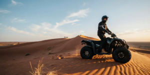 Powerful 1-seater quad bike conquering the Big Red dunes in Al Badayer Desert with sand spraying from wheels