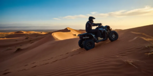 1-Seater Quad Bike at Lahbab Red Dunes – Dubai Desert ATV Adventure Powerful 1-seater quad bike parked on red sand dune crest in the Lahbab Desert during golden sunset hour with Red Dunes in background