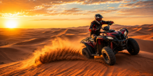 Confident rider on a quad bike racing across a red sand dune ridge in the Lahbab Desert during golden morning hour with dramatic shadows
