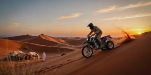 Desert Safari with Quad Bike Dubai – Evening Desert Adventure Powerful quad bike conquering red sand dunes in Lahbab Desert Dubai at sunset during thrilling desert safari with quad bike adventure