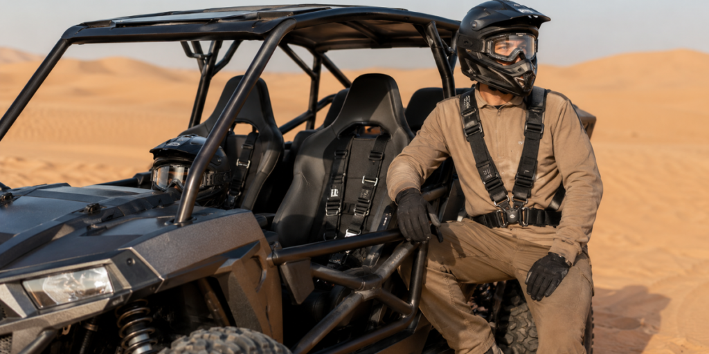 Dune buggy safety equipment including helmet harness and roll cage Dubai