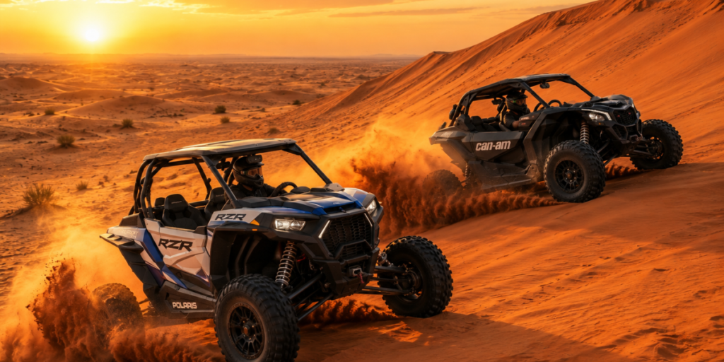 Polaris vs Can-Am dune buggy on Lahbab red dunes