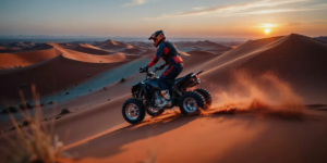 Quad Biking in the Lahbab Desert – Red Dune ATV Self-Drive Adventure Powerful ATV conquering the iconic Lahbab Red Dunes in Dubai with sand spraying from wheels during thrilling self-drive quad biking adventure