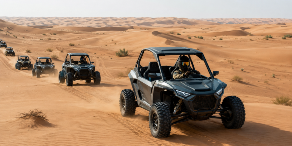 Guided dune buggy convoy showing Dubai dune buggy safety