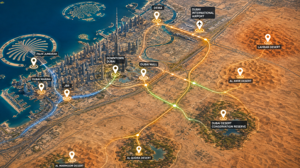 Dubai desert safari distance from popular Dubai locations