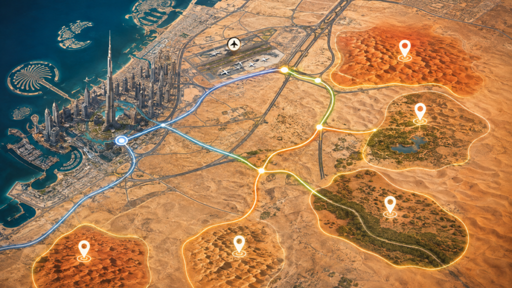 Dubai desert safari location map with major safari destinations