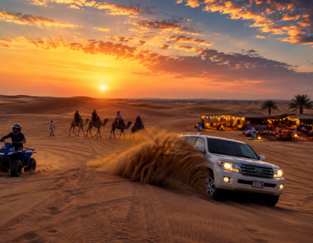 Evening desert safari in Dubai with dune bashing, camel riding, and desert camp at sunset