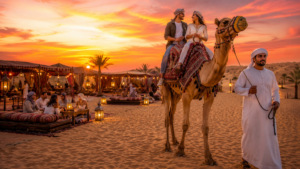 Traditional Bedouin-style desert camp during Evening Desert Safari Dubai with guests enjoying a camel ride at golden sunset hour