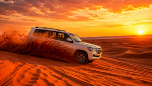 4x4 vehicle dune bashing across a red sand dune ridge in the Lahbab Desert during golden sunset hour with dramatic sand spray