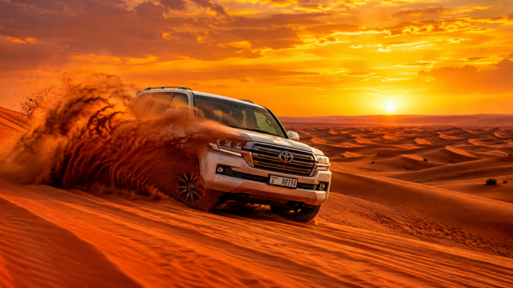 4x4 vehicle dune bashing across the red sand dunes of the Lahbab Desert in Dubai during golden sunset hour with dramatic sand spray