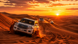 Convoy of 4x4 vehicles dune bashing across the iconic Lahbab Red Dunes in Dubai during golden sunset hour with dramatic orange and pink sky