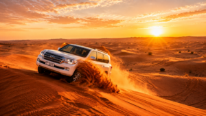 Morning Desert Safari Dubai – Thrilling Dune Bashing Experience 4x4 vehicle dune bashing across the red sand dunes during Morning Desert Safari Dubai with golden morning light