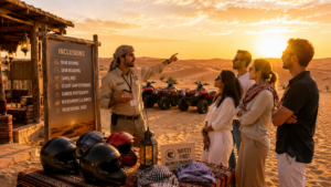 Morning Desert Safari Dubai – What's Included and Optional Upgrades Professional safari guide explaining Morning Desert Safari Dubai tour inclusions to guests at the desert camp during golden sunrise hour