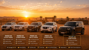 Morning Desert Safari Dubai Packages – Choose Your 4x4 Adventure Various 4x4 vehicles lined up at a desert camp in the Lahbab Desert representing different Morning Desert Safari Dubai package options during golden sunrise hour