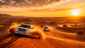 Morning Desert Safari Dubai – Sunrise Dune Bashing Adventure Morning Desert Safari Dubai with 4x4 vehicles dune bashing at sunrise across the red dunes with golden morning light