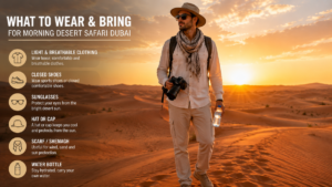What to Wear and Bring for Morning Desert Safari Dubai – Essential Packing Guide Traveler dressed appropriately for Morning Desert Safari Dubai wearing loose clothing, closed shoes, hat, sunglasses, and scarf on the red dunes