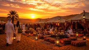 Traditional Bedouin-style desert camp during Overnight Desert Safari Dubai with Arabic tents and seating at golden sunset hour