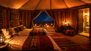 Comfortable Bedouin-style desert tent with mattresses and traditional blankets during Overnight Desert Safari Dubai with private washroom