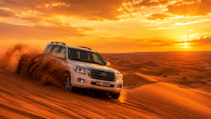 Rugged 4x4 Land Cruiser dune bashing across the red sand dunes of Lahbab Desert during Overnight Desert Safari Dubai at golden sunset hour