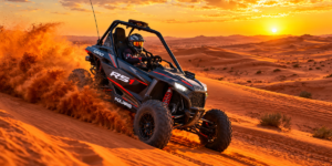 Solo driver in a Polaris RS1 single-seater dune buggy racing across red dunes in Dubai during golden hour with full control